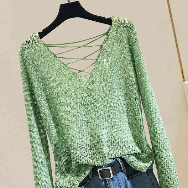t shirt thin long sleeve knitted t for women sequins trumpet sleeves v-neck backless knit shirt loose ropa mujer, White
t shirt thin long sleeve knitted t for women sequins trumpet sleeves v-neck backless knit shirt loose ropa mujer, White