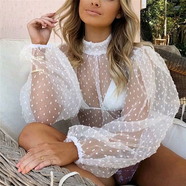women floral embroidery mesh sheer see-through crop shirts blouse long puff sleeve polka dot loose slim blusa soft outwear 210430, White
women floral embroidery mesh sheer see-through crop shirts blouse long puff sleeve polka dot loose slim blusa soft outwear 210430, White