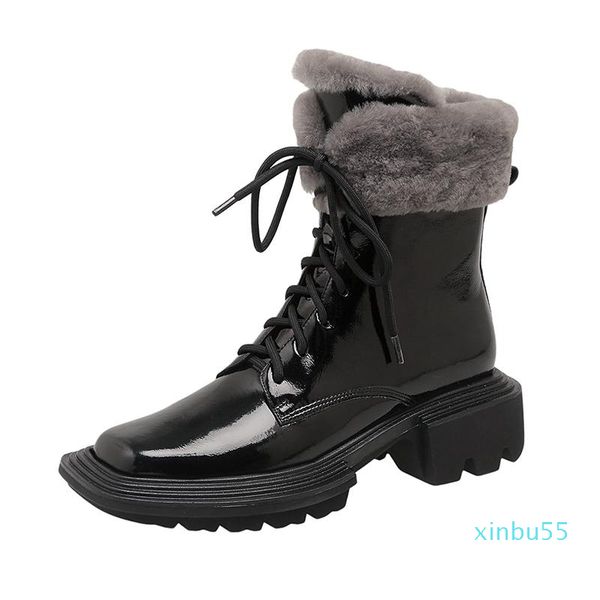 boots winter woman natural fur snow genuine leather women motorcycle boot lace up warm casual shoes, Black