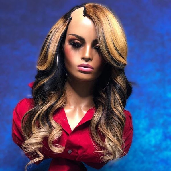 glueless 30inch brazilian 1x3 u part human hair wigs for black women 250density highlight golden brown u shape wig remy 100% unprocessed wit