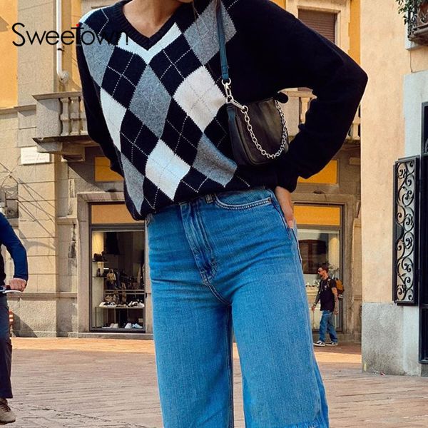 sweetown argyle plaid y2k jumpers women preppy style korean 90s knitwear v neck long sleeve knitted autumn winter sweaters, Black;white
sweetown argyle plaid y2k jumpers women preppy style korean 90s knitwear v neck long sleeve knitted autumn winter sweaters, Black;white