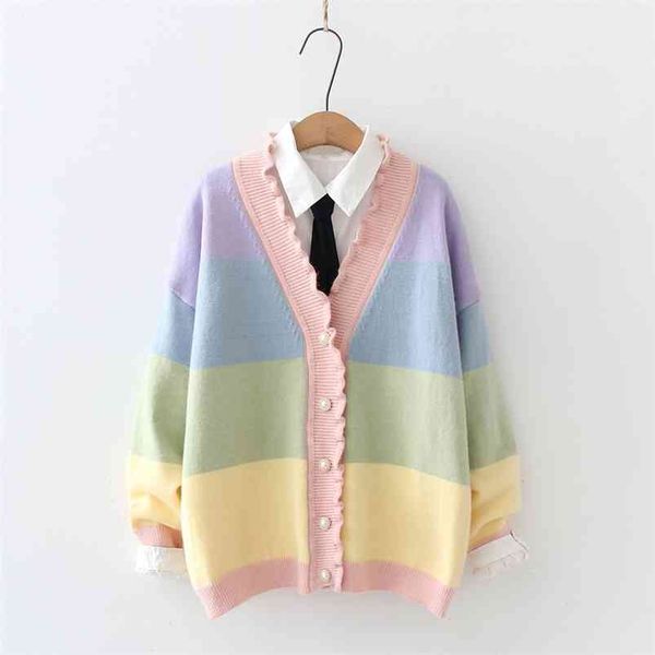 women cardigan knitted sweater rainbow patchwork v neck single breasted casual women clothes summer sweet style female 210812, White;black
women cardigan knitted sweater rainbow patchwork v neck single breasted casual women clothes summer sweet style female 210812, White;black