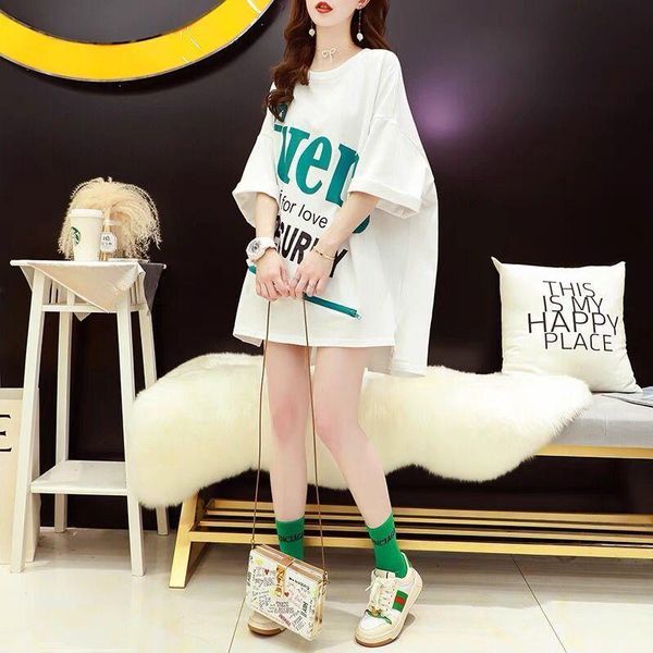 women's t-shirt cotton short sleeve loose medium length 2021 summer design half, White
women's t-shirt cotton short sleeve loose medium length 2021 summer design half, White
