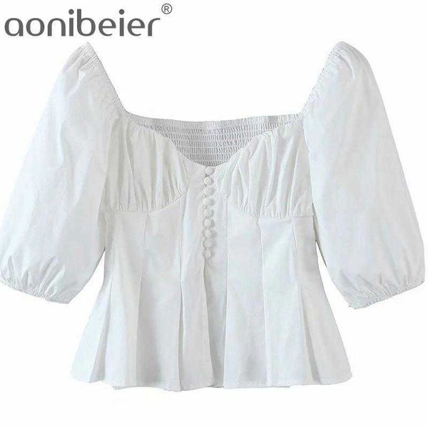 summer button front white sweetheart shirt puff sleeve pleated hem shirred back slim women crop female blouses 210604
summer button front white sweetheart shirt puff sleeve pleated hem shirred back slim women crop female blouses 210604