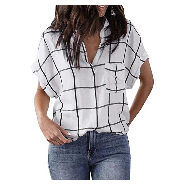 women's t-shirt summer fashion t-shirts casual loose check print pocket v-neck short-sleeved plus size pullover l3, White
women's t-shirt summer fashion t-shirts casual loose check print pocket v-neck short-sleeved plus size pullover l3, White