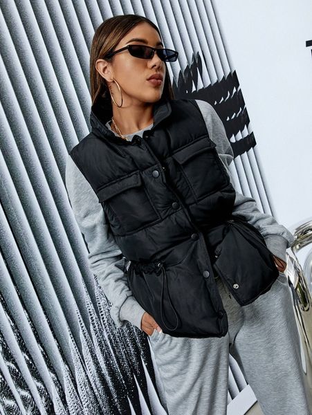 flap pocket drawstring waist puffer gilet r1tm#, Black 
flap pocket drawstring waist puffer gilet r1tm#, Black