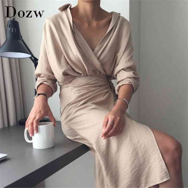 chic v neck wrap dress women solid long sleeve elegant office ladies es vintage midi vestidos mujer 210515, Black;gray 
chic v neck wrap dress women solid long sleeve elegant office ladies es vintage midi vestidos mujer 210515, Black;gray