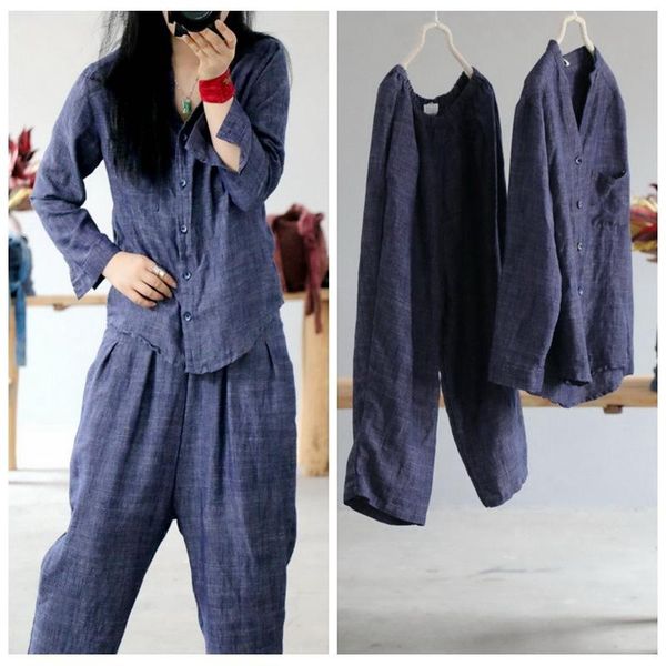 women's tracksuits women spring summer linen +elastic waist pants female 2021 flax suits ladies sets solid color shirt+harem, Gray
women's tracksuits women spring summer linen +elastic waist pants female 2021 flax suits ladies sets solid color shirt+harem, Gray