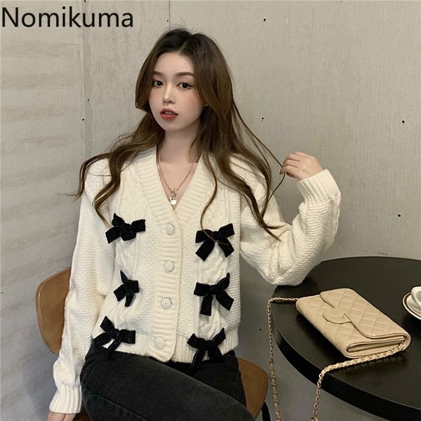 nomikuma korean sweet bowknot sweater cardigan coat causal long sleeve v-neck knitted jacket new women knitwear 6e031 210427, White;black 
nomikuma korean sweet bowknot sweater cardigan coat causal long sleeve v-neck knitted jacket new women knitwear 6e031 210427, White;black