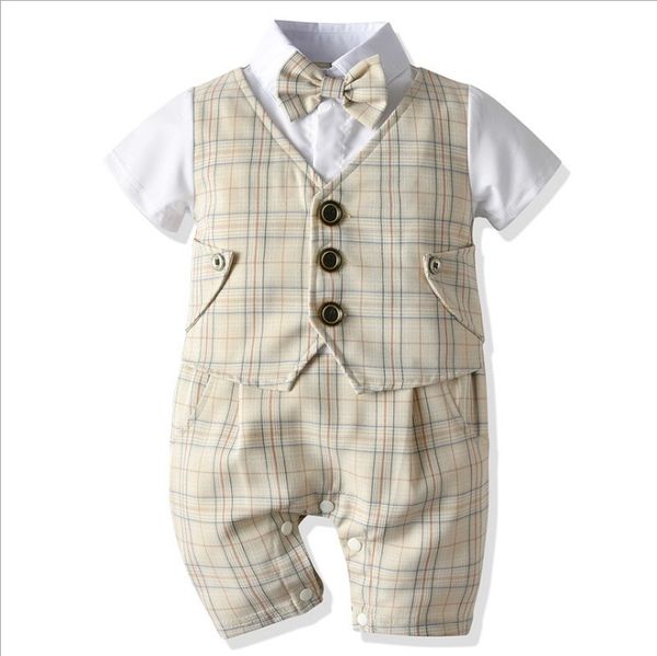 

2021 Gentleman Style Baby Boys Rompers Summer Boy Short Sleeve Jumpsuits with Bowtie Cotton Toddler Plaid Romper Infant Babies Onesies Kids Jumpsuit, Khaki