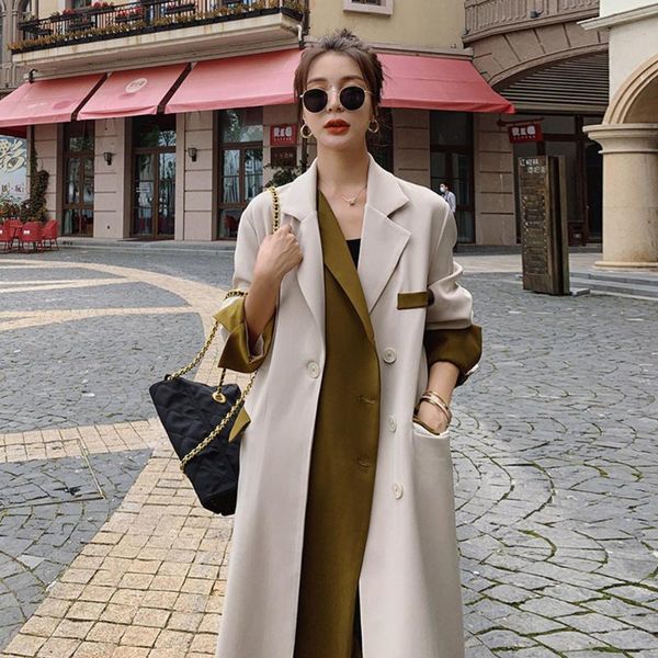 women's trench coats lady high-grade chic hepburn style contrast color fake two-piece midi windbreaker jacket fall 2021 women loose coa, Tan;black
women's trench coats lady high-grade chic hepburn style contrast color fake two-piece midi windbreaker jacket fall 2021 women loose coa, Tan;black