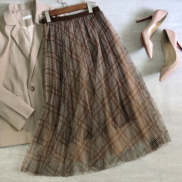 women mesh skirt plaids printing pleated checked midi skirts empire houndstooth tulle a-line casual, Black