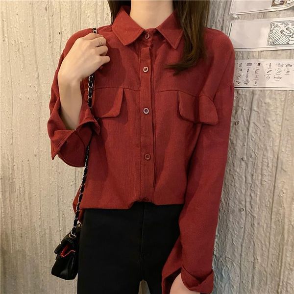 women's blouses & shirts vintage blouse turn-down collar loose corduroy shirt outwear, White
women's blouses & shirts vintage blouse turn-down collar loose corduroy shirt outwear, White