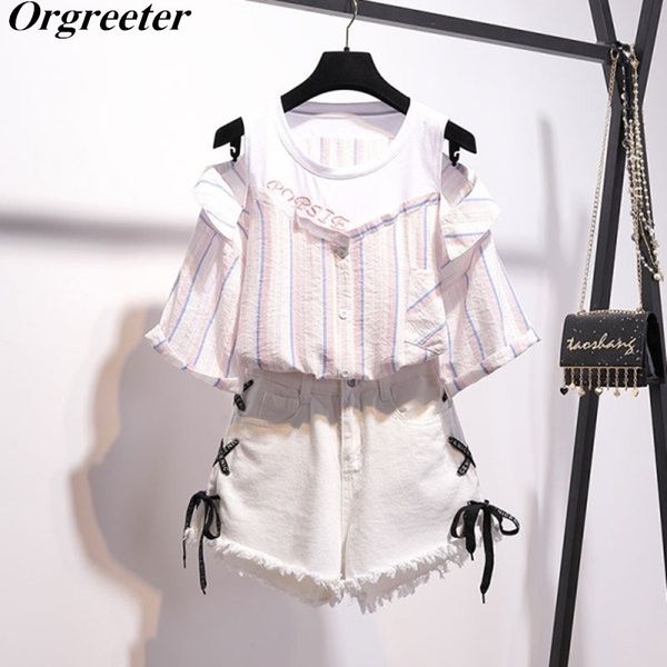 t-shirt with shorts 2 piece student sets summer off shoulder ruffled striped + cross tie up tassel denim set 210525, White
t-shirt with shorts 2 piece student sets summer off shoulder ruffled striped + cross tie up tassel denim set 210525, White