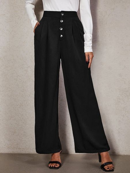 button fly slant pocket wide leg pants a9ec#, Black;white 
button fly slant pocket wide leg pants a9ec#, Black;white