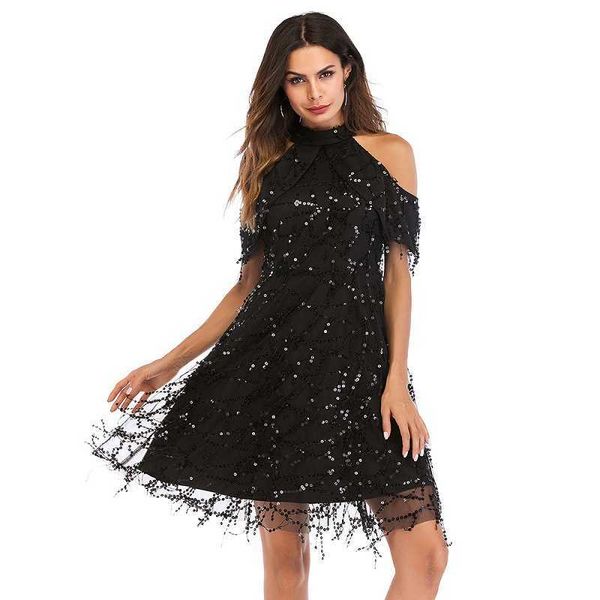 luxury evening party dresses summer stand collar off shoulder tassel women's sequin, Black
luxury evening party dresses summer stand collar off shoulder tassel women's sequin, Black