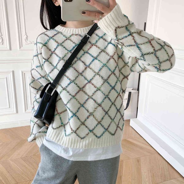 sweater 2021 women's round neck knitted diamond pattern decorative hedging white base shirt loose dnx1, White;black
sweater 2021 women's round neck knitted diamond pattern decorative hedging white base shirt loose dnx1, White;black