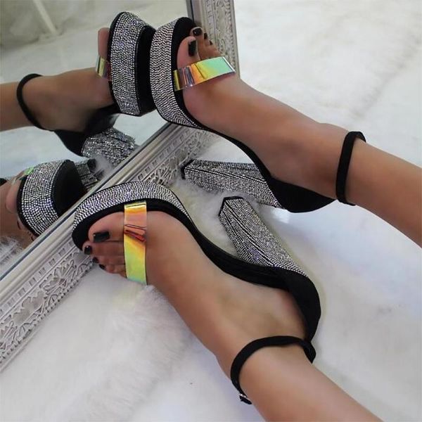 women platform sandals rhinestone crystal chunky high heels one band open toe ankle buckle strap party shoes, Black
women platform sandals rhinestone crystal chunky high heels one band open toe ankle buckle strap party shoes, Black