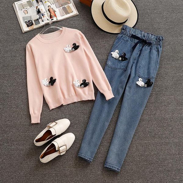 women's two piece pants fashion women 2021 long sleeve o neck swan knitted t-shirt + elastic waist denim jeans 2 pcs sets casual suits, White
women's two piece pants fashion women 2021 long sleeve o neck swan knitted t-shirt + elastic waist denim jeans 2 pcs sets casual suits, White