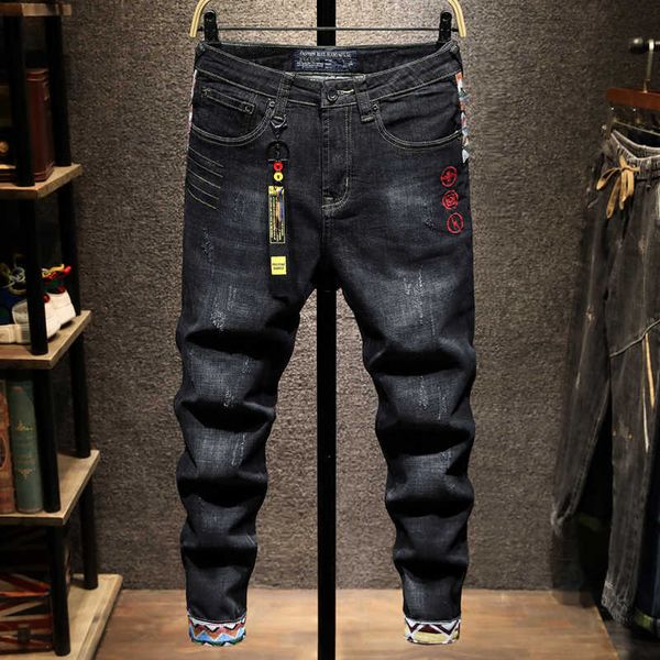 street style fashion men jeans retro black elastic slim fit ripped patches embroidery designer hip hop denim pants k4mv, Blue
street style fashion men jeans retro black elastic slim fit ripped patches embroidery designer hip hop denim pants k4mv, Blue