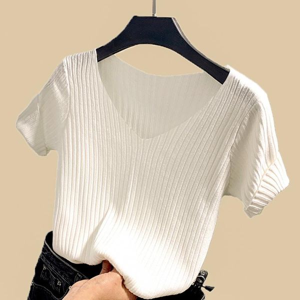 women's t-shirt ice silk 2021 spring/summer knit sweater slim pure color v-neck short sleeve, White
women's t-shirt ice silk 2021 spring/summer knit sweater slim pure color v-neck short sleeve, White