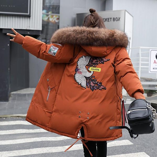 women's down & parkas winter korean loose embroidered medium and long large wool collar cotton clothes, Black
women's down & parkas winter korean loose embroidered medium and long large wool collar cotton clothes, Black