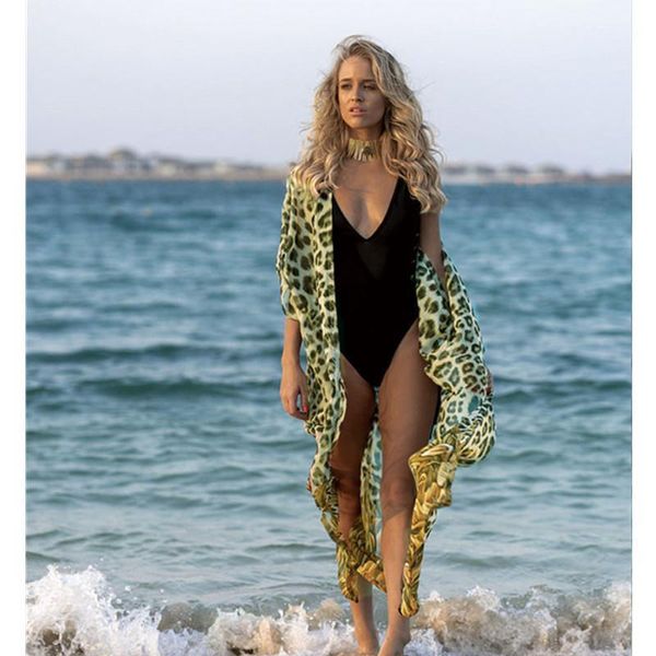 women casual beach blouse green leopard printed pattern half sleeves loose style long cover-ups cardigans women's swimwear, White;black
women casual beach blouse green leopard printed pattern half sleeves loose style long cover-ups cardigans women's swimwear, White;black