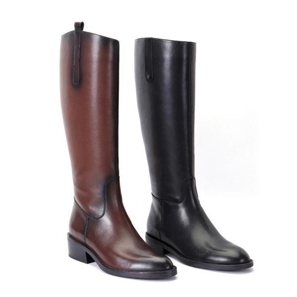 boots 2021 long tube leather women's plus cashmere autumn and winter flat, Black