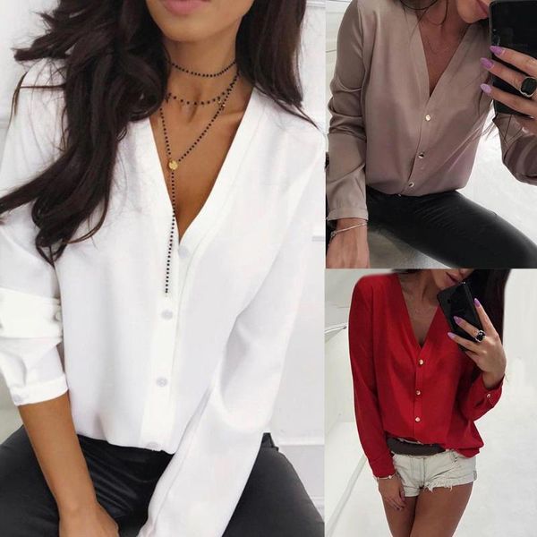 office lady solid color v neck long sleeve chiffon blouse buttons loose shirt women's blouses & shirts, White
office lady solid color v neck long sleeve chiffon blouse buttons loose shirt women's blouses & shirts, White