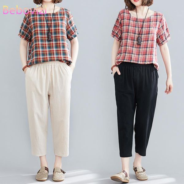 women's two piece pants 2021 linen cotton yellow red blue grid women loose pant sets retro summer short sleeve blouse + cropped trouse, White
women's two piece pants 2021 linen cotton yellow red blue grid women loose pant sets retro summer short sleeve blouse + cropped trouse, White