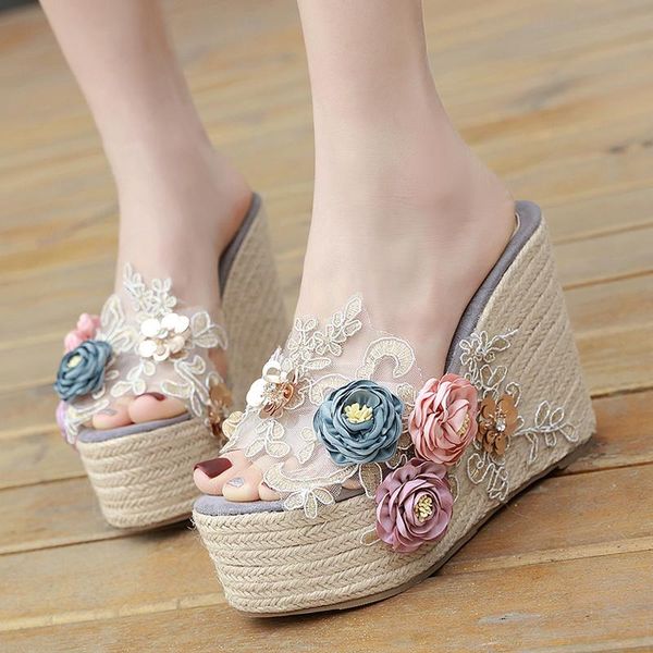 slippers one-word summer fashion handmade lace transparent platform sandals wedges with pearl women's shoes, Black
slippers one-word summer fashion handmade lace transparent platform sandals wedges with pearl women's shoes, Black