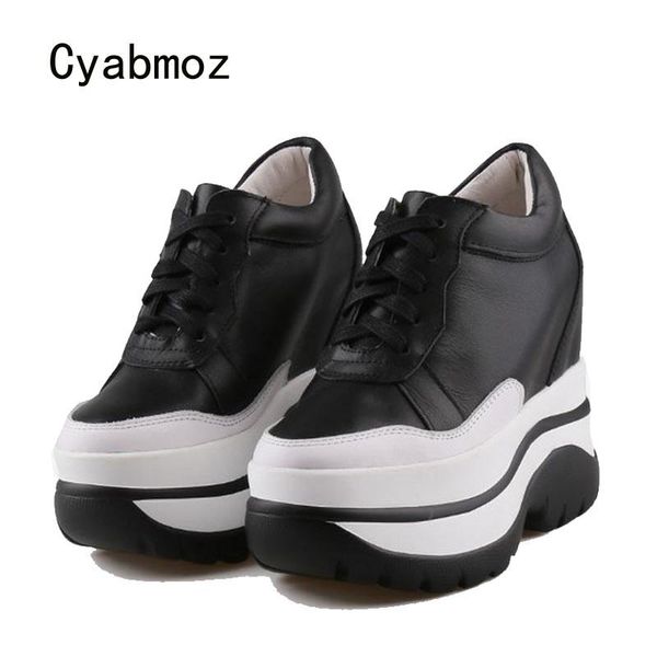 dress shoes cyabmoz genuine leather mixed colors height increasing woman pumps sneakers high heels casual women tenis feminino, Black