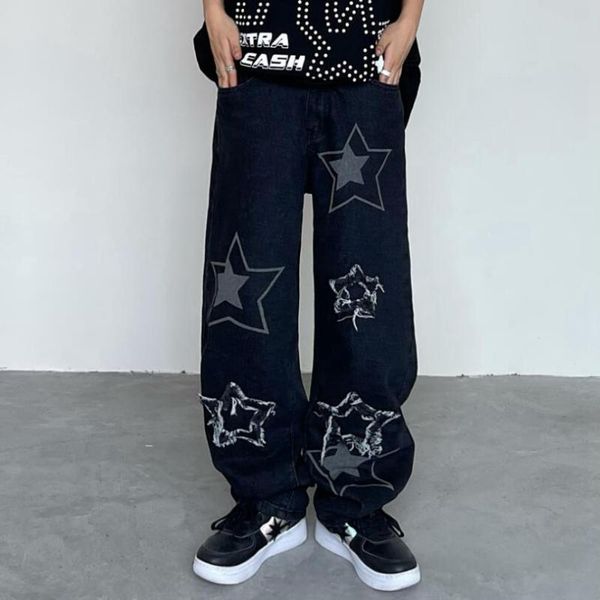 men's jeans men star patch print solid denim pants man 2021 autumn casual harajuku all-match streetwear loose straight trousers w35, Blue
men's jeans men star patch print solid denim pants man 2021 autumn casual harajuku all-match streetwear loose straight trousers w35, Blue