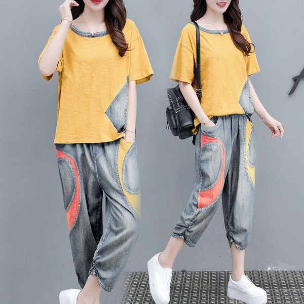 ladies summer 2021 denim two-piece jeans suit wide pants stitching oversized t-shirt high waist casual women's two piece, White
ladies summer 2021 denim two-piece jeans suit wide pants stitching oversized t-shirt high waist casual women's two piece, White