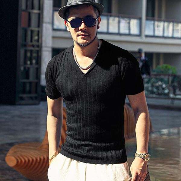 men's sweaters small lapel v-neck design vertical texture summer stretch t-shirt short sleeve sweater j6031, White;black
men's sweaters small lapel v-neck design vertical texture summer stretch t-shirt short sleeve sweater j6031, White;black