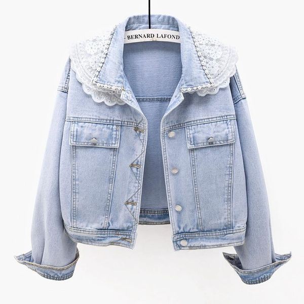 women's jackets 2021 spring korean beading lace splice collar denim jacket women chaqueta mujer loose long sleeve short jeans coat fema, Black;brown
women's jackets 2021 spring korean beading lace splice collar denim jacket women chaqueta mujer loose long sleeve short jeans coat fema, Black;brown