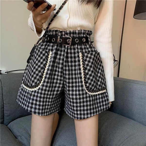 women's shorts high waist style women plaid female 2021 wide leg causal spring wear out, White;black
women's shorts high waist style women plaid female 2021 wide leg causal spring wear out, White;black