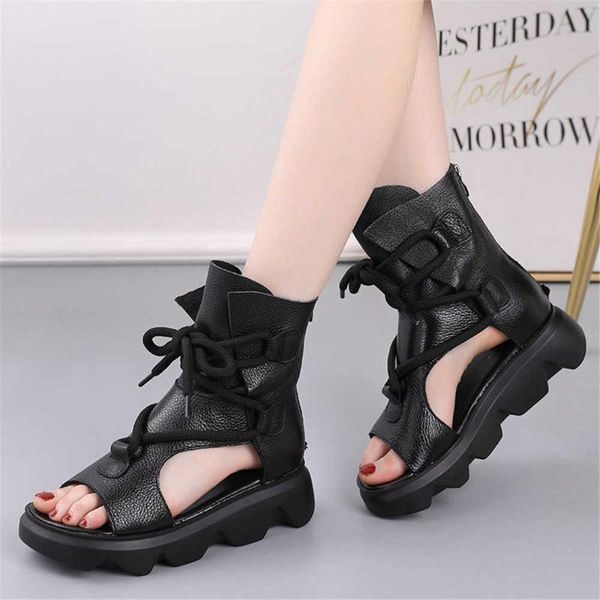 sandals soft leather women's summer thick soled female fish mouth muffin shoes roman high boots national style, Black 
sandals soft leather women's summer thick soled female fish mouth muffin shoes roman high boots national style, Black