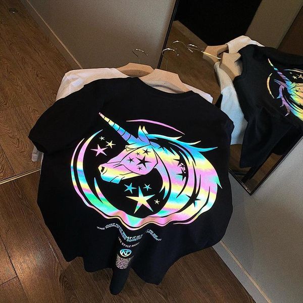 100% cotton summer half mens t shirt sleeves hip hop ins reflective unicorn fashion streetwear couples tee, White;black
100% cotton summer half mens t shirt sleeves hip hop ins reflective unicorn fashion streetwear couples tee, White;black