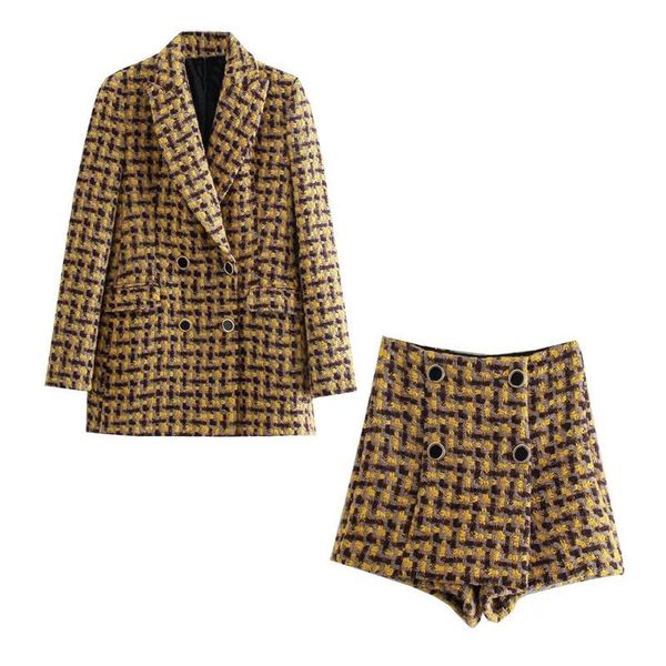 women's tracksuits woman casual yellow plaid tweed 2 pcs sets 2021 autumn female double breasted blazer suits ladies high waisted short, Gray
women's tracksuits woman casual yellow plaid tweed 2 pcs sets 2021 autumn female double breasted blazer suits ladies high waisted short, Gray