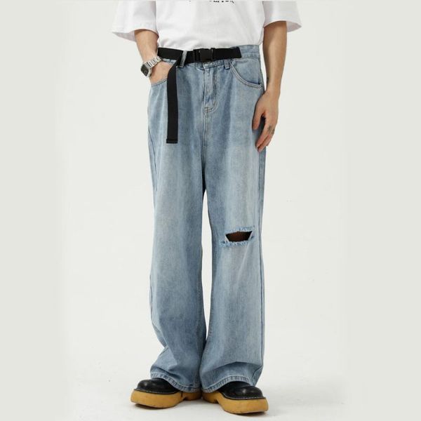 men's jeans men belt hole fashion casual straight long male japan korean streetwear vintage denim wide leg pants trousers, Blue
men's jeans men belt hole fashion casual straight long male japan korean streetwear vintage denim wide leg pants trousers, Blue
