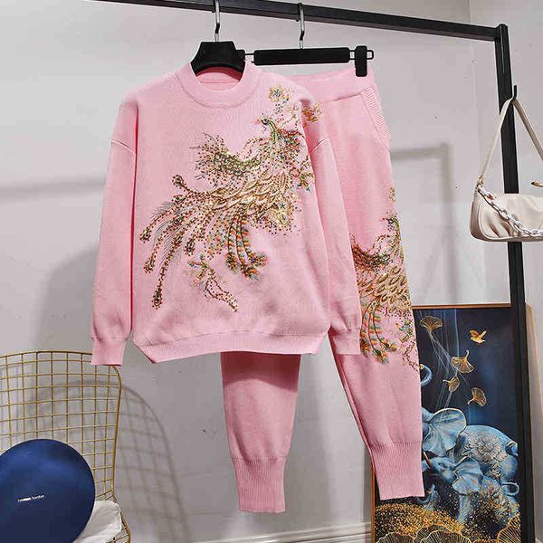 women's two piece pants red pink black knitted set women tracksuits handwork beading peacock embroidery sweater long outfits u312, White
women's two piece pants red pink black knitted set women tracksuits handwork beading peacock embroidery sweater long outfits u312, White
