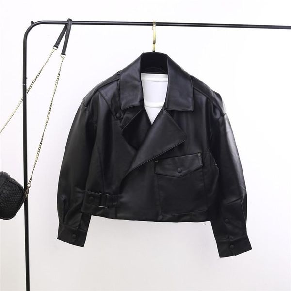 women's leather & faux women jacket autumn loose short motorcycle female big pocket side buckle pu coat outwear, Black
women's leather & faux women jacket autumn loose short motorcycle female big pocket side buckle pu coat outwear, Black