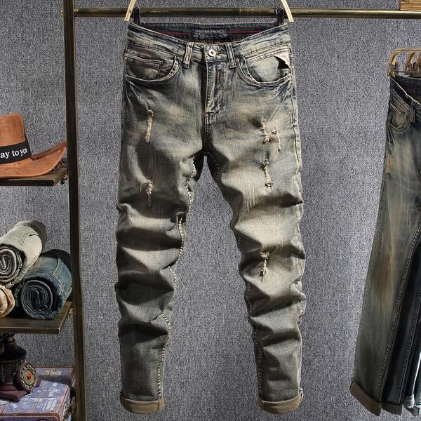 men's jeans european vintage fashion men retro yellow distressed washed elastic ripped slim fit designer casual denim pants, Blue
men's jeans european vintage fashion men retro yellow distressed washed elastic ripped slim fit designer casual denim pants, Blue