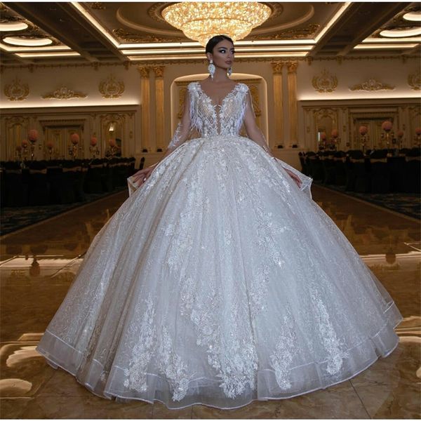 luxury feathet ball gown wedding dresses long sleeves sequins beads appliqued bridal gowns elegant chic dubai custom made vestidos de novia, White
luxury feathet ball gown wedding dresses long sleeves sequins beads appliqued bridal gowns elegant chic dubai custom made vestidos de novia, White