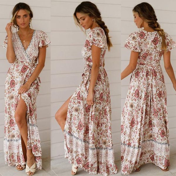 summer bohemian dress v-neck split beach long belt elegant evening floral skirt printed women casual dresses, Black;gray
summer bohemian dress v-neck split beach long belt elegant evening floral skirt printed women casual dresses, Black;gray