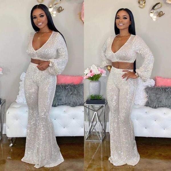 two piece dress casual women solid color 2 set sequined v-neck full sleeve pullover short elastic waist boot cut length pants, White
two piece dress casual women solid color 2 set sequined v-neck full sleeve pullover short elastic waist boot cut length pants, White
