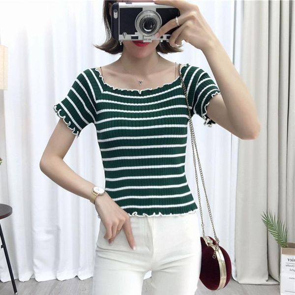 women's t-shirt fashion slash neck striped tshirts women girl knitted short sleeve ruffles summer top, White
women's t-shirt fashion slash neck striped tshirts women girl knitted short sleeve ruffles summer top, White