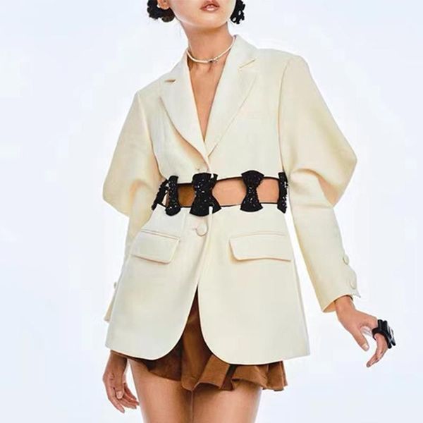 women's suits & blazers women casual blazer spring autumn long puff sleeve bow cut out coat, White;black
women's suits & blazers women casual blazer spring autumn long puff sleeve bow cut out coat, White;black