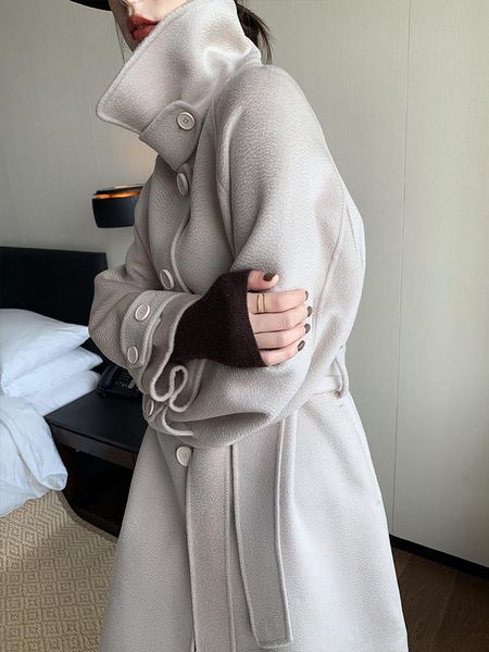 women's wool & blends pole end water ripple cashmere double-sided tweed coat winter lace up waist stand collar shows thin, Black
women's wool & blends pole end water ripple cashmere double-sided tweed coat winter lace up waist stand collar shows thin, Black